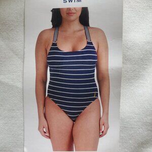 NWT Nautica WM Blue/White Nautical Striped Bathing Suit Adjustable Straps A310